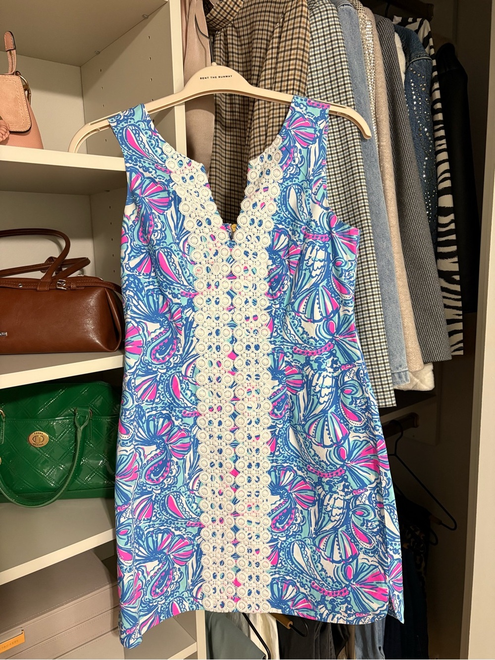 Lilly Pulitzer Blue & Pink Paisley Shift Dress with Cream Lace